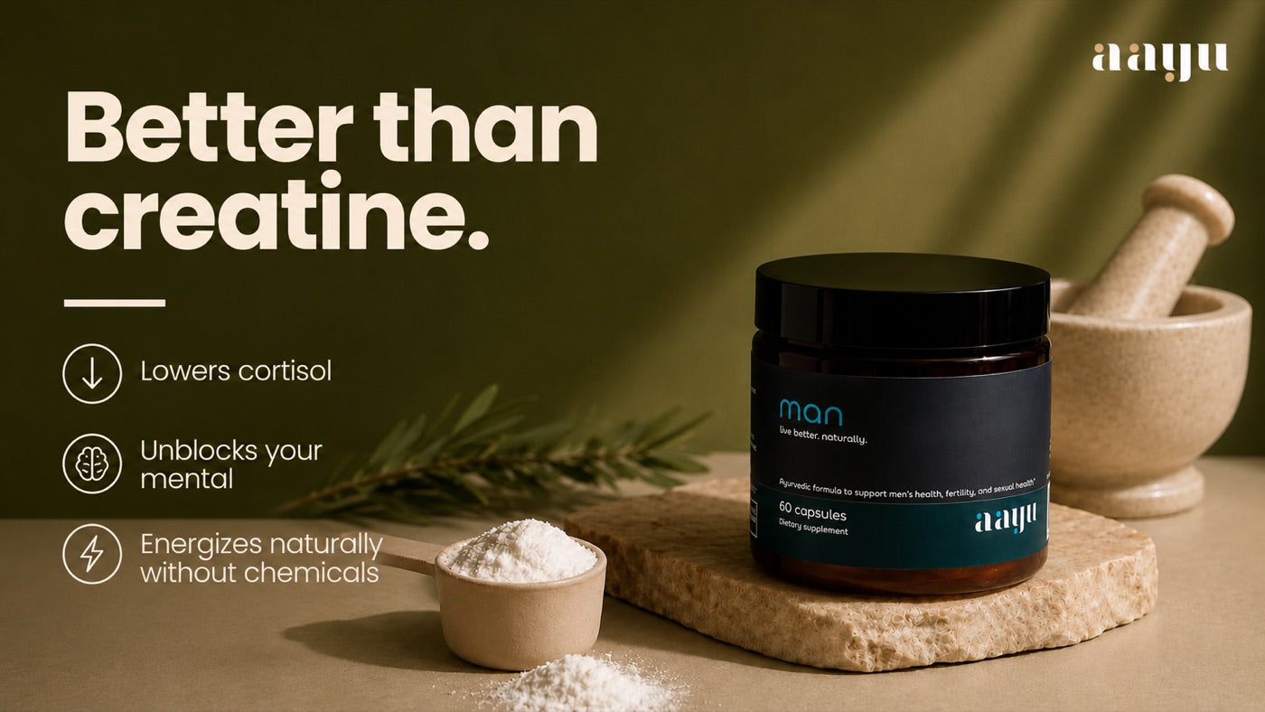 aayu man — better than creatine. Lowers cortisol, unblocks your mental, energizes naturally without chemicals.